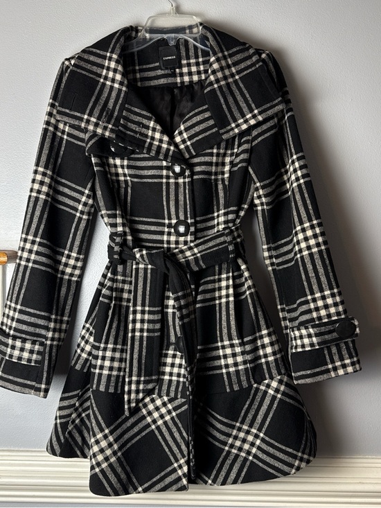Express Jackets & Blazers - Vintage Express Black & Cream Plaid Belted Fit-and-Flare Coat Wool Blend